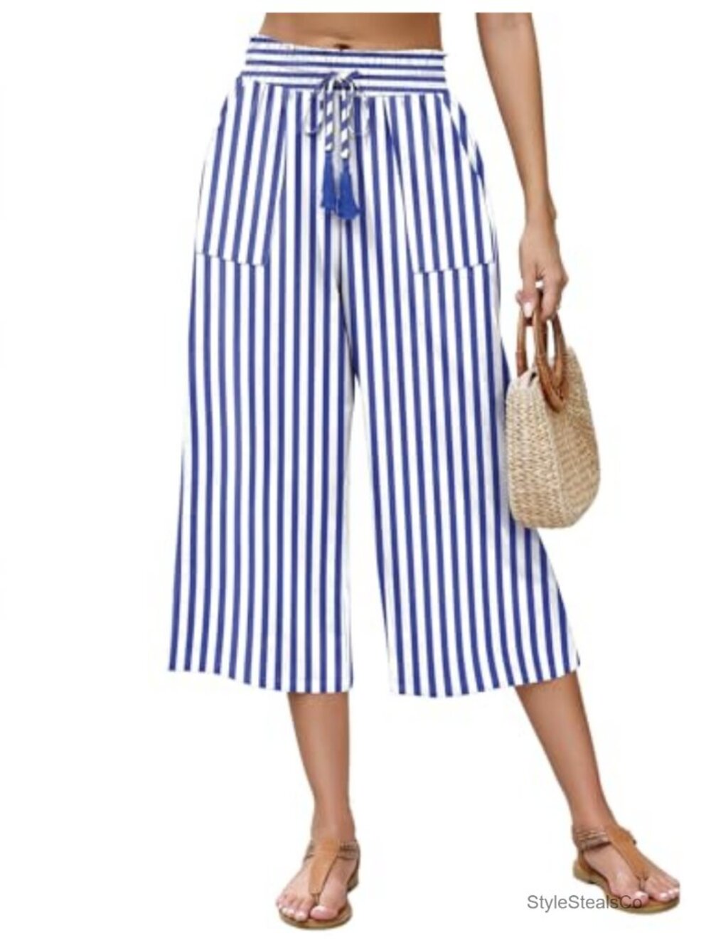 Women's Linen Wide Leg Capri Pants Elastic High Waisted